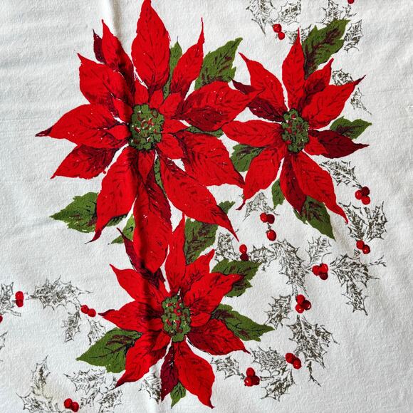 Vintage Christmas holiday tablecloth square printed cotton AS FOUND with stains - Picture 5 of 12